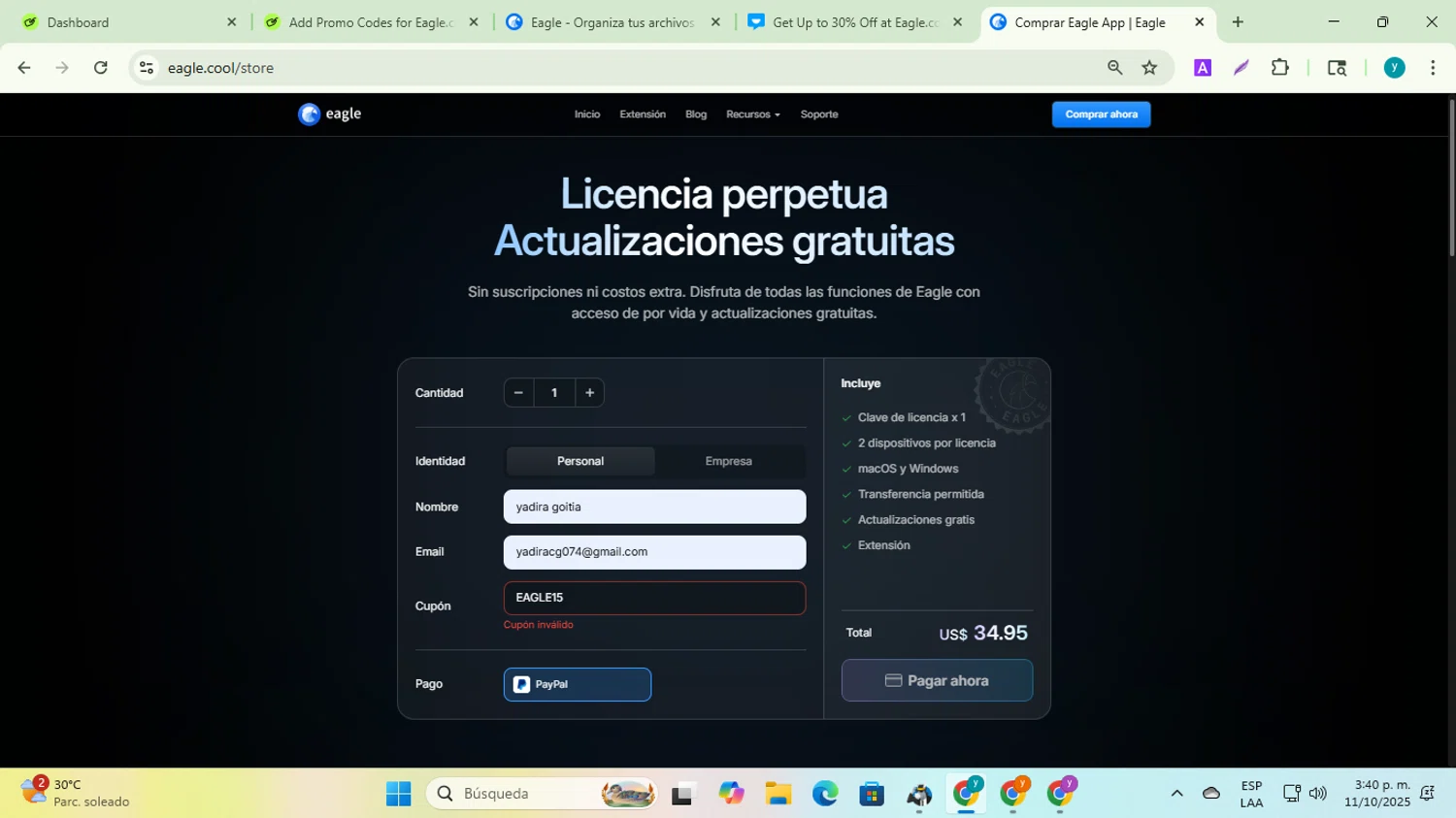 Eagle.cool promo code screenshot showing code EAGLE15 applied at Eagle.cool checkout page. Uploaded by SimplyCodes community member yadiracg074 on Oct 11, 2025