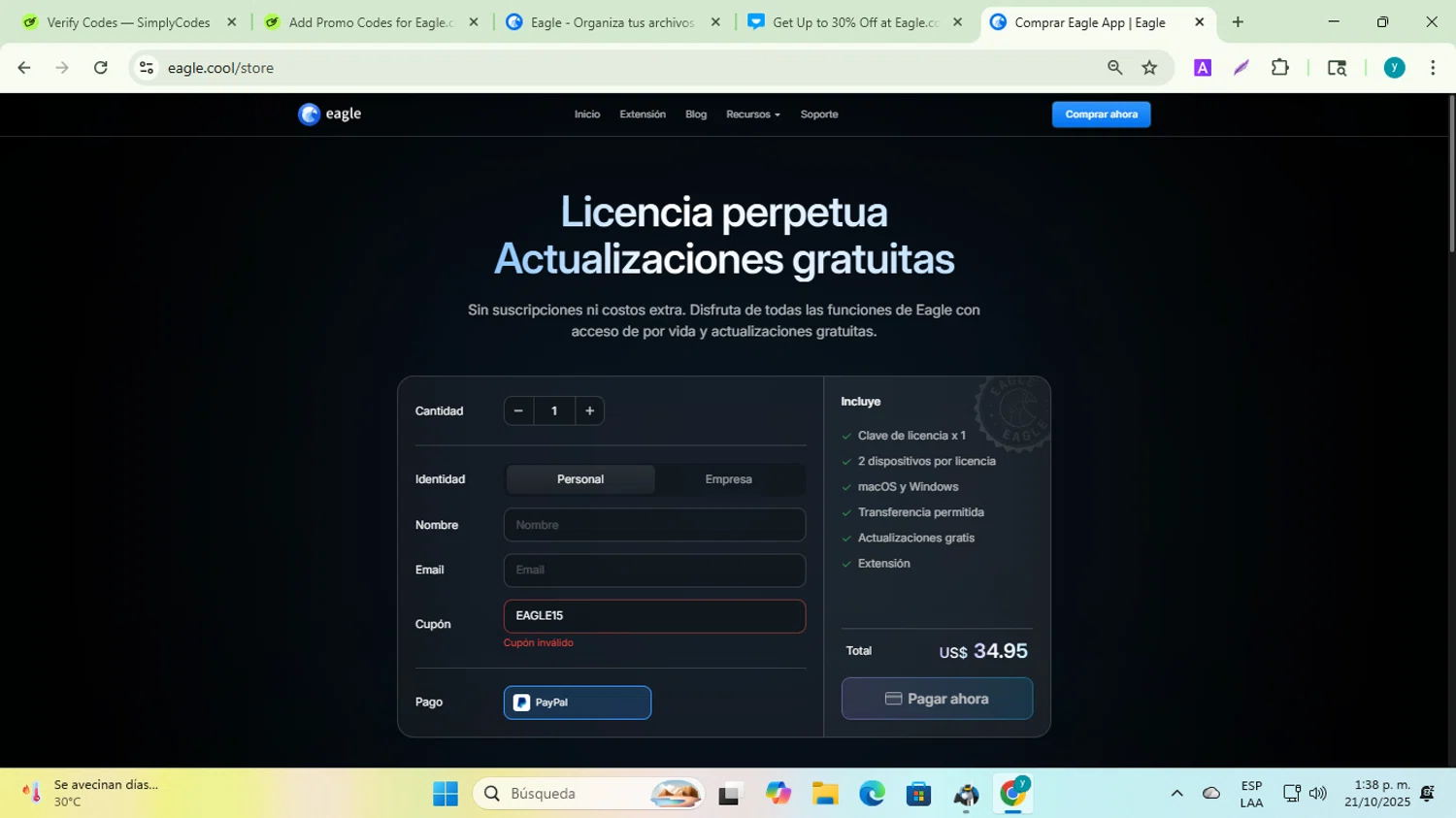 Eagle.cool promo code screenshot showing code EAGLE15 applied at Eagle.cool checkout page. Uploaded by SimplyCodes community member yadiracg074 on Oct 21, 2025