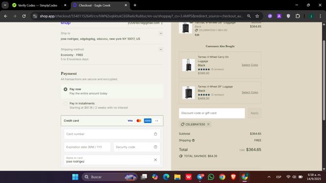 Eagle Creek checkout page showing Eagle Creek discount code box | Screenshot taken by SimplyCodes community member on Sep 14, 2025