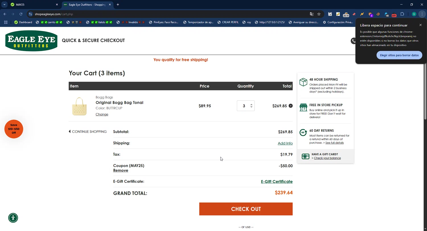 Eagle Eye Outfitters coupon code screenshot showing code MAY25 applied at Eagle Eye Outfitters checkout page. Uploaded by SimplyCodes community member WiseMaestro7997 on May 24, 2025