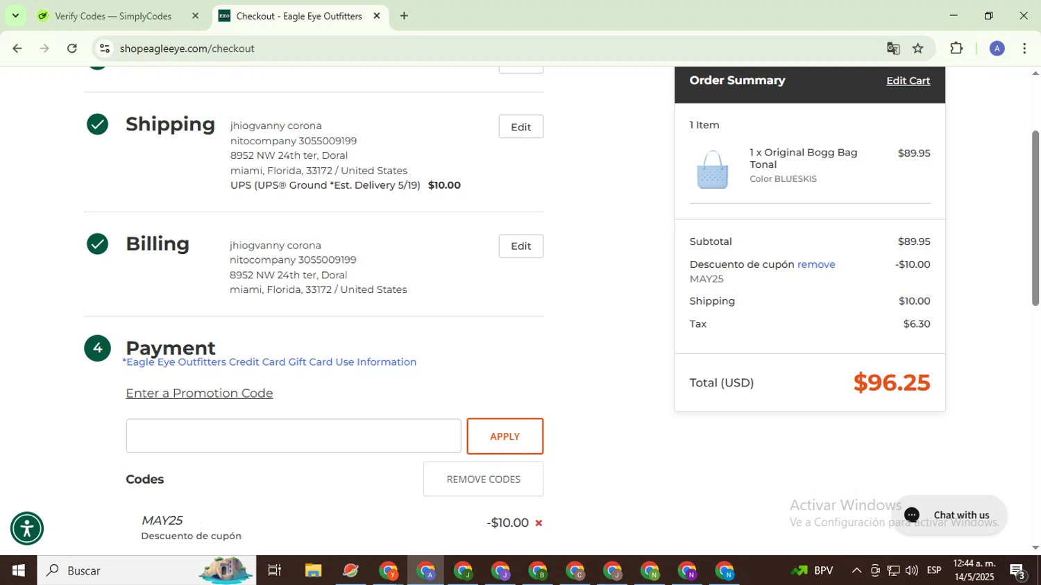 Eagle Eye Outfitters coupon code screenshot showing code MAY25 applied at Eagle Eye Outfitters checkout page. Uploaded by SimplyCodes community member TreasureCaptain5531 on May 14, 2025