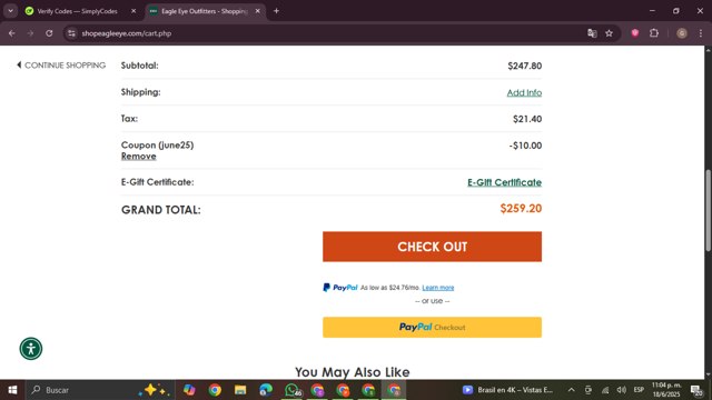 Eagle Eye Outfitters checkout page showing Eagle Eye Outfitters coupon code box | Screenshot taken by SimplyCodes community member on Jun 19, 2025