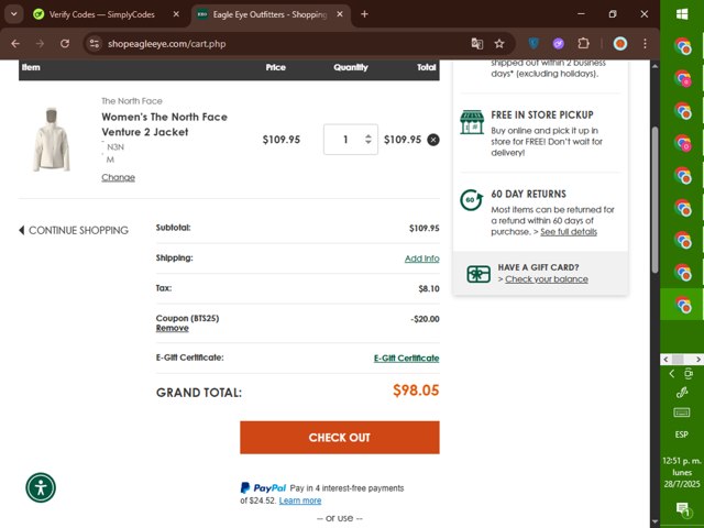 Eagle Eye Outfitters checkout page showing Eagle Eye Outfitters coupon code box | Screenshot taken by SimplyCodes community member on Jul 28, 2025