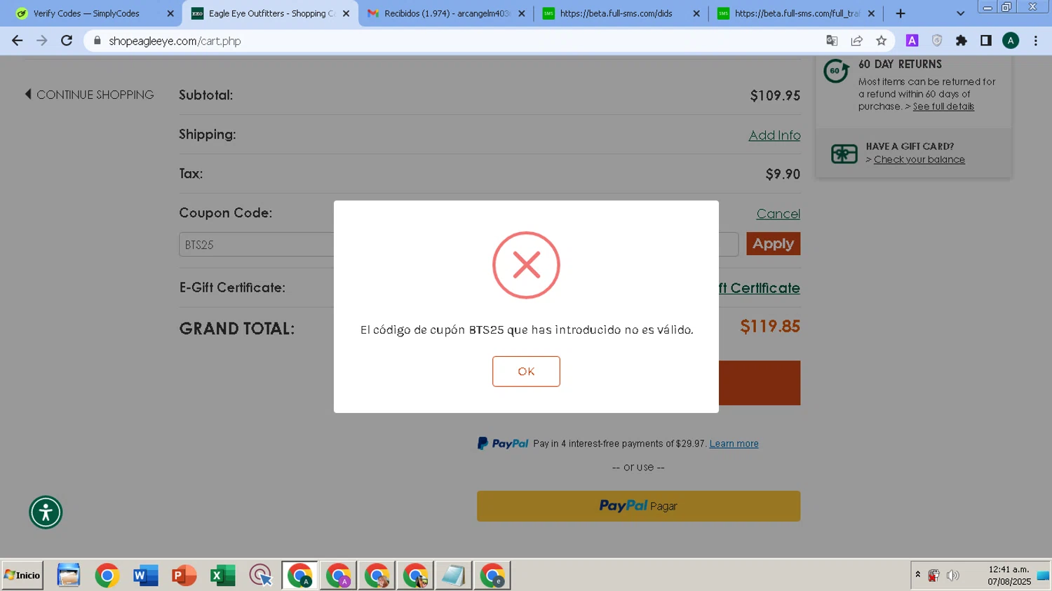 Eagle Eye Outfitters coupon code screenshot showing code BTS25 applied at Eagle Eye Outfitters checkout page. Uploaded by SimplyCodes community member FrugalMaverick6013 on Aug 7, 2025