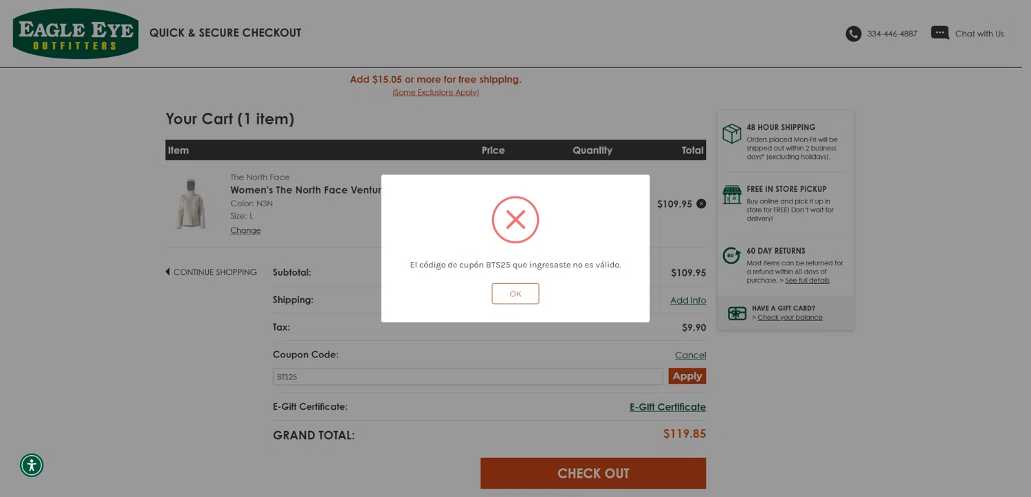 Eagle Eye Outfitters coupon code screenshot showing code BTS25 applied at Eagle Eye Outfitters checkout page. Uploaded by SimplyCodes community member SilverChaser3269 on Aug 7, 2025