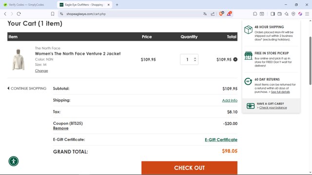 Eagle Eye Outfitters checkout page showing Eagle Eye Outfitters coupon code box | Screenshot taken by SimplyCodes community member on Jul 21, 2025