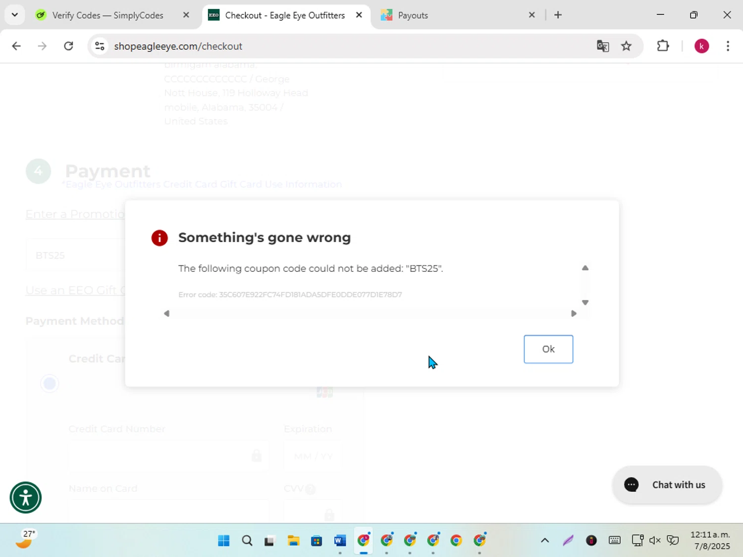 Eagle Eye Outfitters coupon code screenshot showing code BTS25 applied at Eagle Eye Outfitters checkout page. Uploaded by SimplyCodes community member karoline on Aug 7, 2025