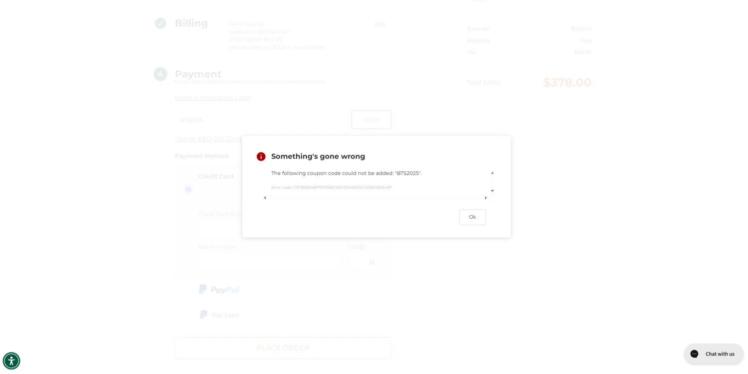 Eagle Eye Outfitters coupon code screenshot showing code BTS2025 applied at Eagle Eye Outfitters checkout page. Uploaded by SimplyCodes community member BrilliantVoyager5752 on Jul 31, 2025