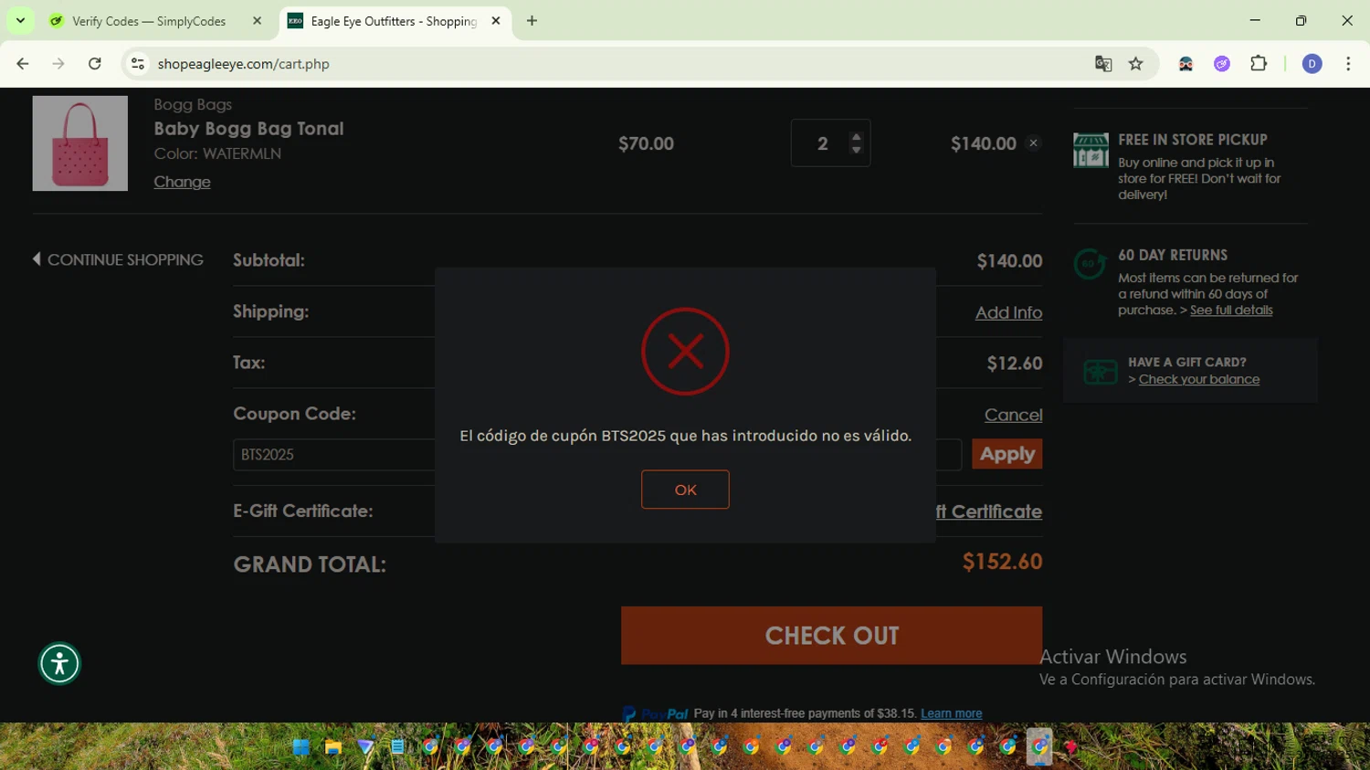 Eagle Eye Outfitters coupon code screenshot showing code BTS2025 applied at Eagle Eye Outfitters checkout page. Uploaded by SimplyCodes community member VoucherTitan8325 on Jul 31, 2025