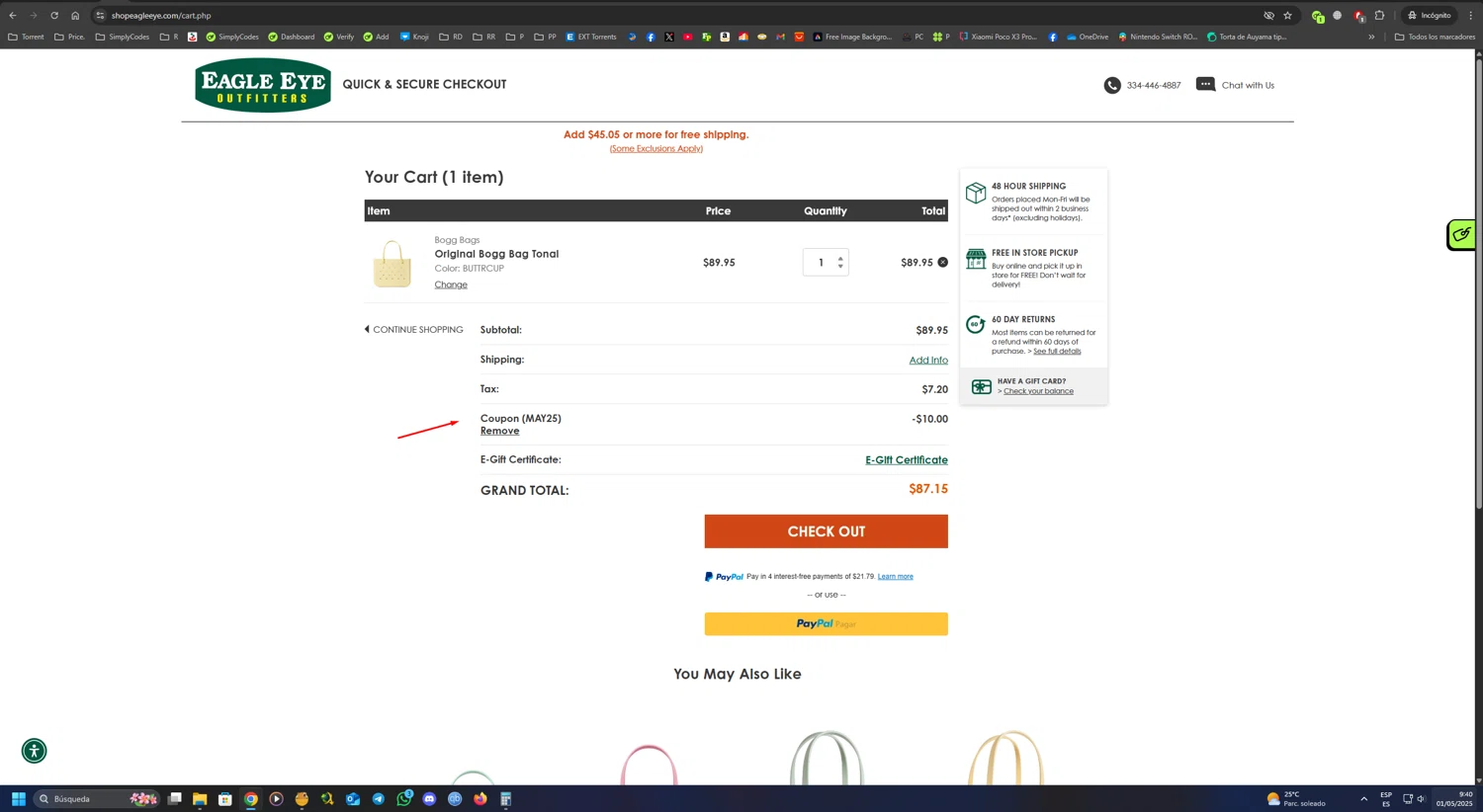 Eagle Eye Outfitters coupon code screenshot showing code MAY25 applied at Eagle Eye Outfitters checkout page. Uploaded by SimplyCodes community member UnkNownVnzla on May 1, 2025