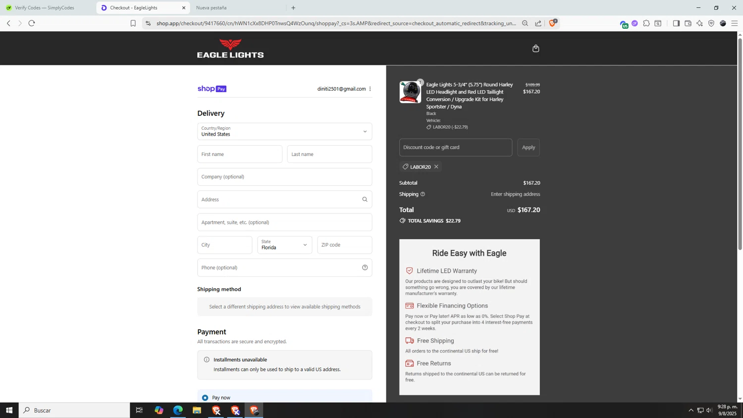 Eagle Lights promo code screenshot showing code LABOR20 applied at Eagle Lights checkout page. Uploaded by SimplyCodes community member AnthonyGTX on Aug 10, 2025