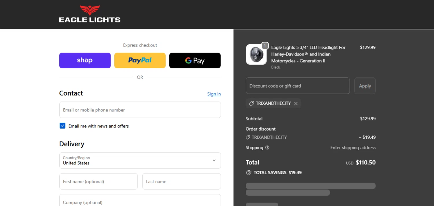 Eagle Lights promo code screenshot showing code TRIXANDTHECITY applied at Eagle Lights checkout page. Uploaded by SimplyCodes community member MoneyHunter5624 on Sep 22, 2025