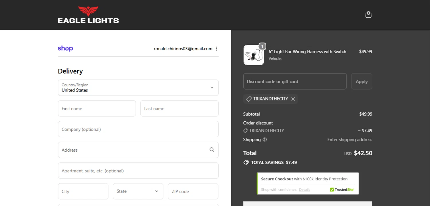 Eagle Lights promo code screenshot showing code TRIXANDTHECITY applied at Eagle Lights checkout page. Uploaded by SimplyCodes community member SmartWhiz589 on Oct 24, 2025