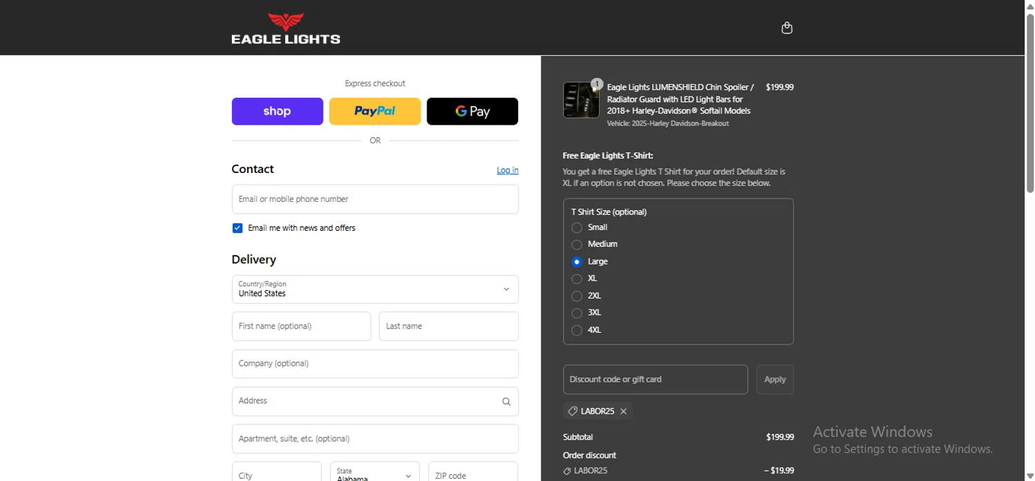 Eagle Lights promo code screenshot showing code LABOR25 applied at Eagle Lights checkout page. Uploaded by SimplyCodes community member anosesmith on Sep 5, 2025