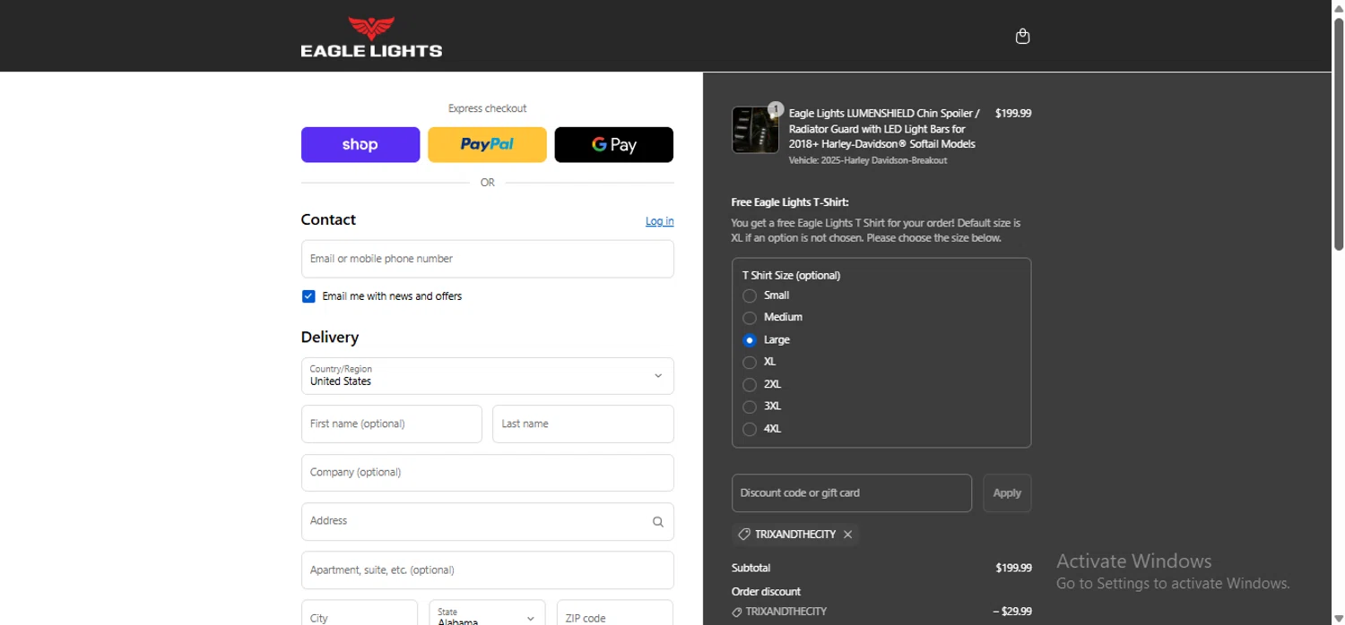 Eagle Lights promo code screenshot showing code TRIXANDTHECITY applied at Eagle Lights checkout page. Uploaded by SimplyCodes community member anosesmith on Sep 5, 2025