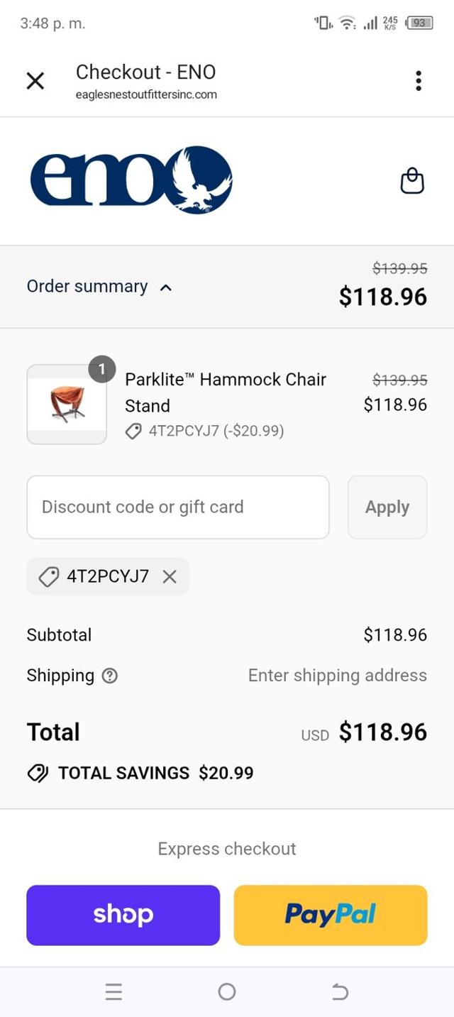 Eagles Nest Outfitters checkout page showing Eagles Nest Outfitters promo code box | Screenshot taken by SimplyCodes community member on Sep 15, 2025