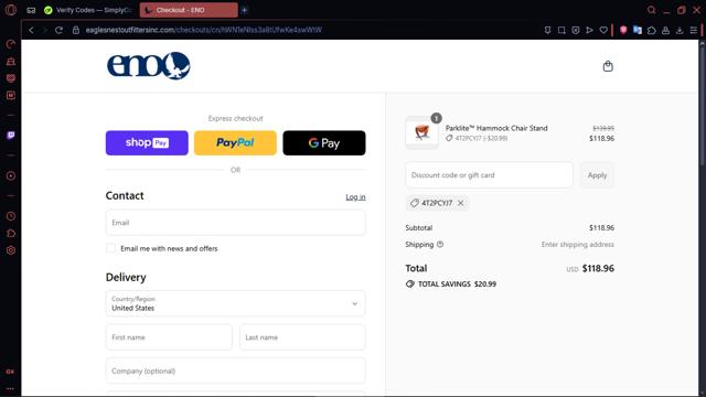 Eagles Nest Outfitters checkout page showing Eagles Nest Outfitters promo code box | Screenshot taken by SimplyCodes community member on Aug 10, 2025