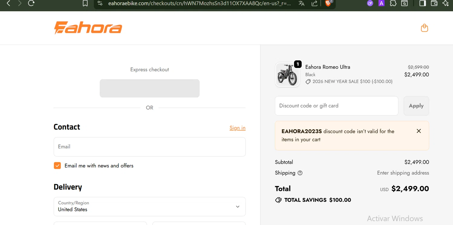 Eahora checkout page showing Eahora discount code box | Screenshot taken by SimplyCodes community member on Jan 8, 2026