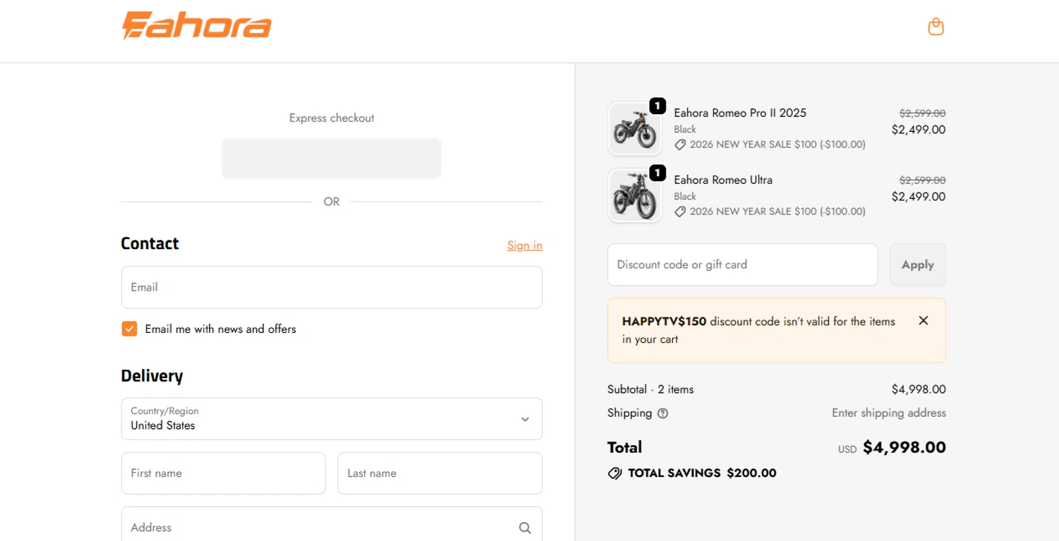 Eahora checkout page showing Eahora discount code box | Screenshot taken by SimplyCodes community member on Jan 8, 2026