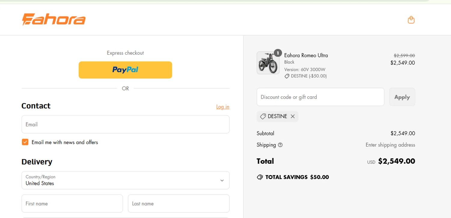 Eahora discount code screenshot showing code DESTINE applied at Eahora checkout page. Uploaded by SimplyCodes community member TokenChaser7698 on May 24, 2025