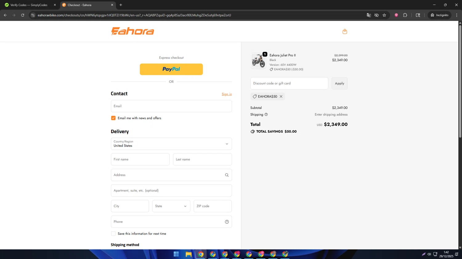 Eahora discount code screenshot showing code EAHORA$50 applied at Eahora checkout page. Uploaded by SimplyCodes community member AVAMUSTANG on Dec 29, 2025
