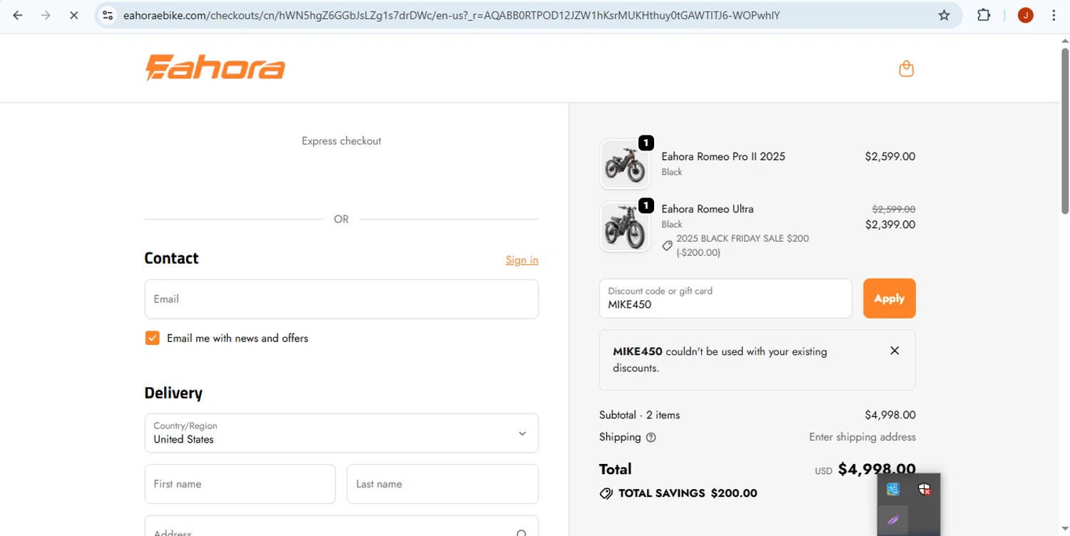 Eahora discount code screenshot showing code MIKE450 applied at Eahora checkout page. Uploaded by SimplyCodes community member Fabio05 on Nov 25, 2025