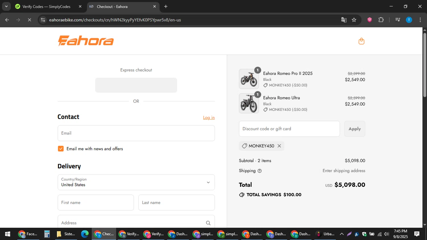Eahora discount code screenshot showing code MONKEY450 applied at Eahora checkout page. Uploaded by SimplyCodes community member hankt1521 on Sep 8, 2025