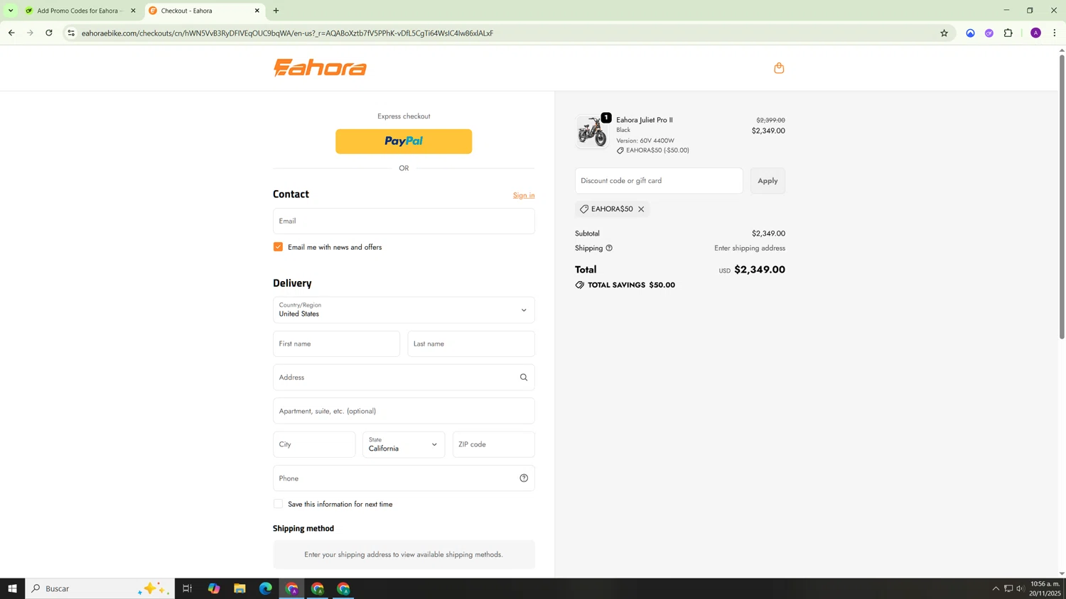 Eahora discount code screenshot showing code EAHORA$50 applied at Eahora checkout page. Uploaded by SimplyCodes community member Hasta_El_Final on Nov 20, 2025