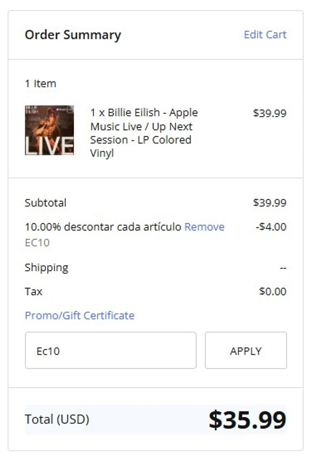 Ear Candy Music promo code screenshot showing code Ec10 applied at Ear Candy Music checkout page. Uploaded by SimplyCodes community member MagnificentCollector7829 on Aug 16, 2025