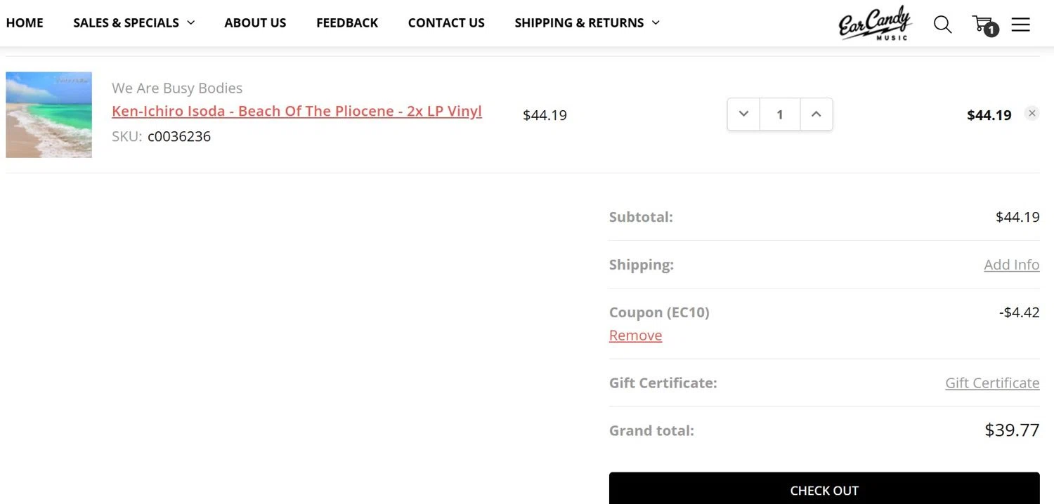 Ear Candy Music promo code screenshot showing code Ec10 applied at Ear Candy Music checkout page. Uploaded by SimplyCodes community member VoucherCurator2503 on Oct 13, 2025
