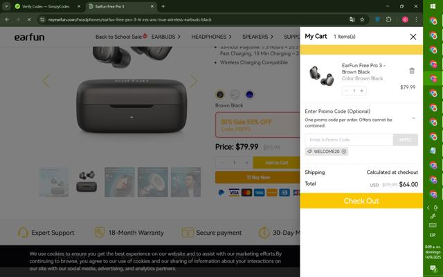 EarFun checkout page showing EarFun promo code box | Screenshot taken by SimplyCodes community member on Sep 14, 2025