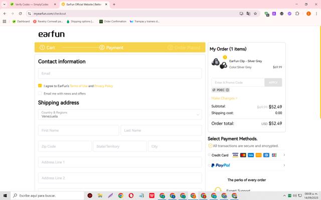 EarFun checkout page showing EarFun promo code box | Screenshot taken by SimplyCodes community member on Sep 14, 2025