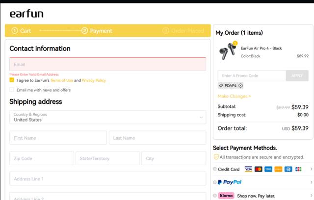 EarFun checkout page showing EarFun promo code box | Screenshot taken by SimplyCodes community member on Sep 14, 2025