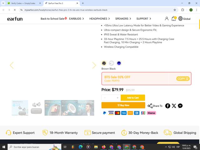 EarFun checkout page showing EarFun promo code box | Screenshot taken by SimplyCodes community member on Sep 14, 2025