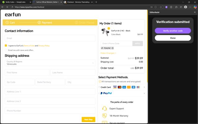 EarFun checkout page showing EarFun promo code box | Screenshot taken by SimplyCodes community member on Sep 14, 2025