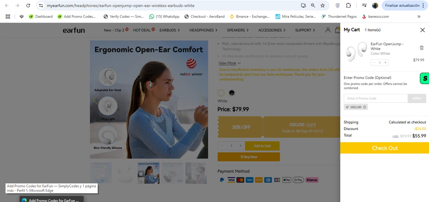 EarFun promo code screenshot showing code GSOJ30 applied at EarFun checkout page. Uploaded by SimplyCodes community member Loki_Odinson on Jun 21, 2026
