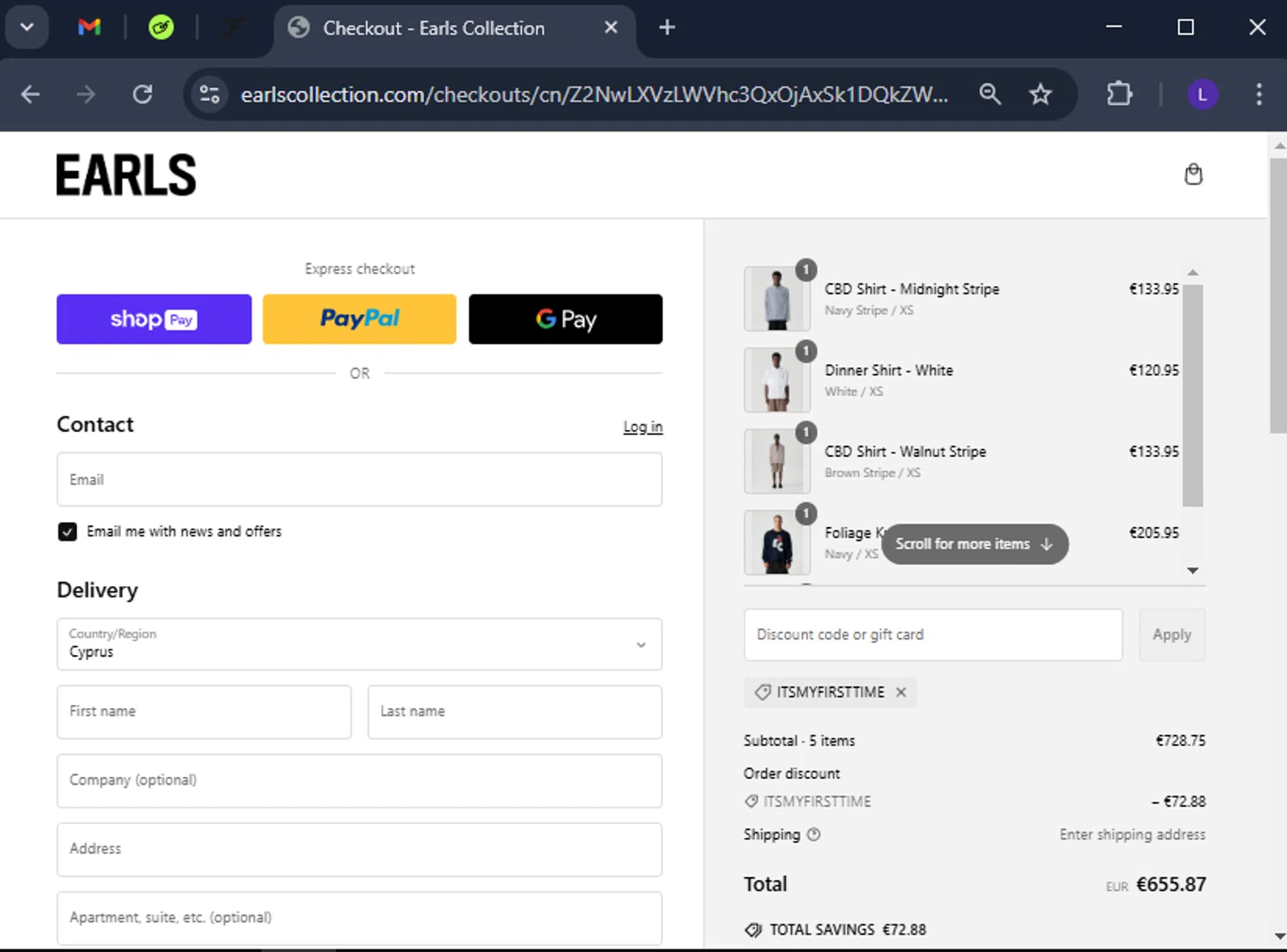 Earls Collection discount code screenshot showing code ITSMYFIRSTTIME applied at Earls Collection checkout page. Uploaded by SimplyCodes community member CoinElite8726 on Feb 18, 2025