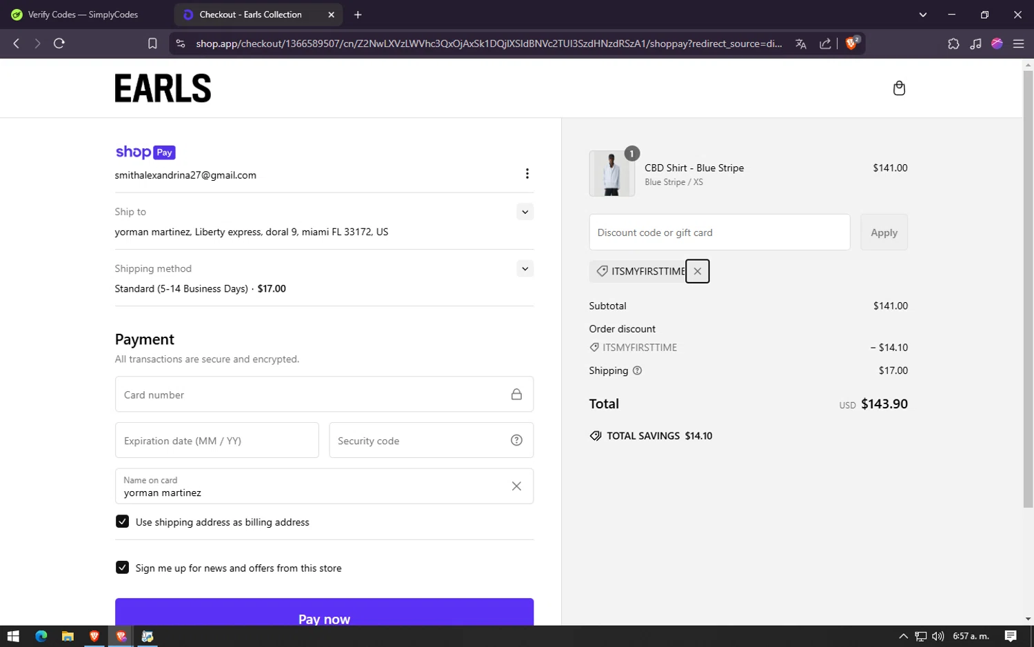 Earls Collection discount code screenshot showing code ITSMYFIRSTTIME applied at Earls Collection checkout page. Uploaded by SimplyCodes community member lareinadecupones on Feb 18, 2025