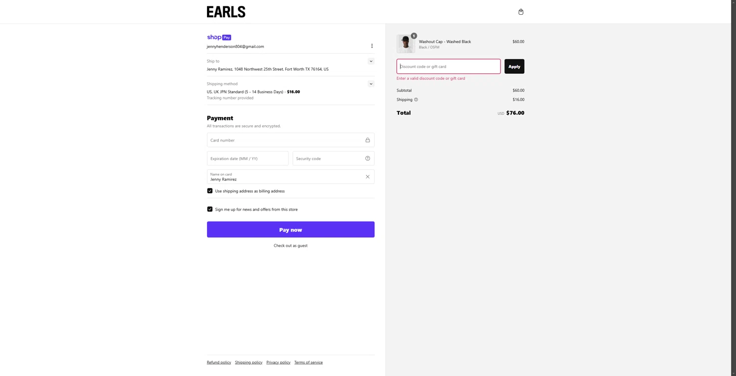 Earls Collection discount code screenshot showing code BFE15O24 applied at Earls Collection checkout page. Uploaded by SimplyCodes community member 1323535 on Jan 21, 2025