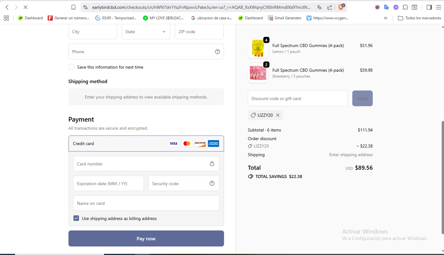 Earlybird CBD discount code screenshot showing code Lizzy20 applied at Earlybird CBD checkout page. Uploaded by SimplyCodes community member VoucherFalcon3942 on Jan 15, 2026