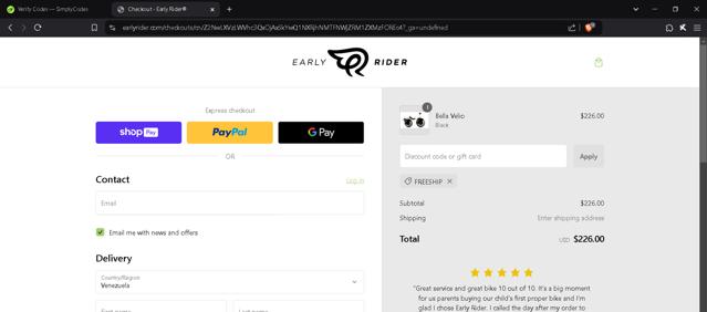 Early Rider checkout page showing Early Rider discount code box | Screenshot taken by SimplyCodes community member on Dec 13, 2024
