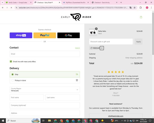 Early Rider checkout page showing Early Rider discount code box | Screenshot taken by SimplyCodes community member on Dec 26, 2024