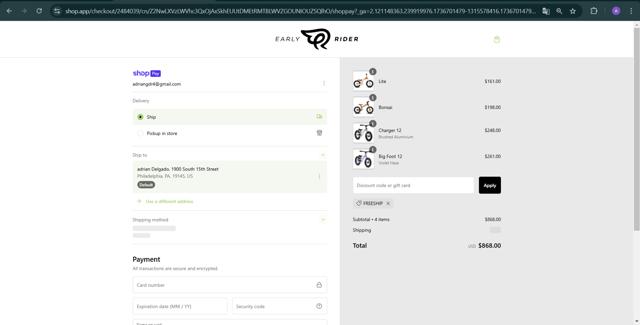 Early Rider checkout page showing Early Rider discount code box | Screenshot taken by SimplyCodes community member on Jan 12, 2025