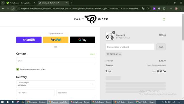 Early Rider checkout page showing Early Rider discount code box | Screenshot taken by SimplyCodes community member on Dec 8, 2024