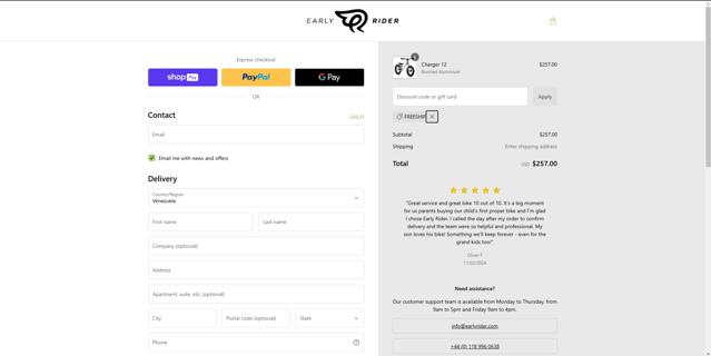 Early Rider checkout page showing Early Rider discount code box | Screenshot taken by SimplyCodes community member on Dec 14, 2024