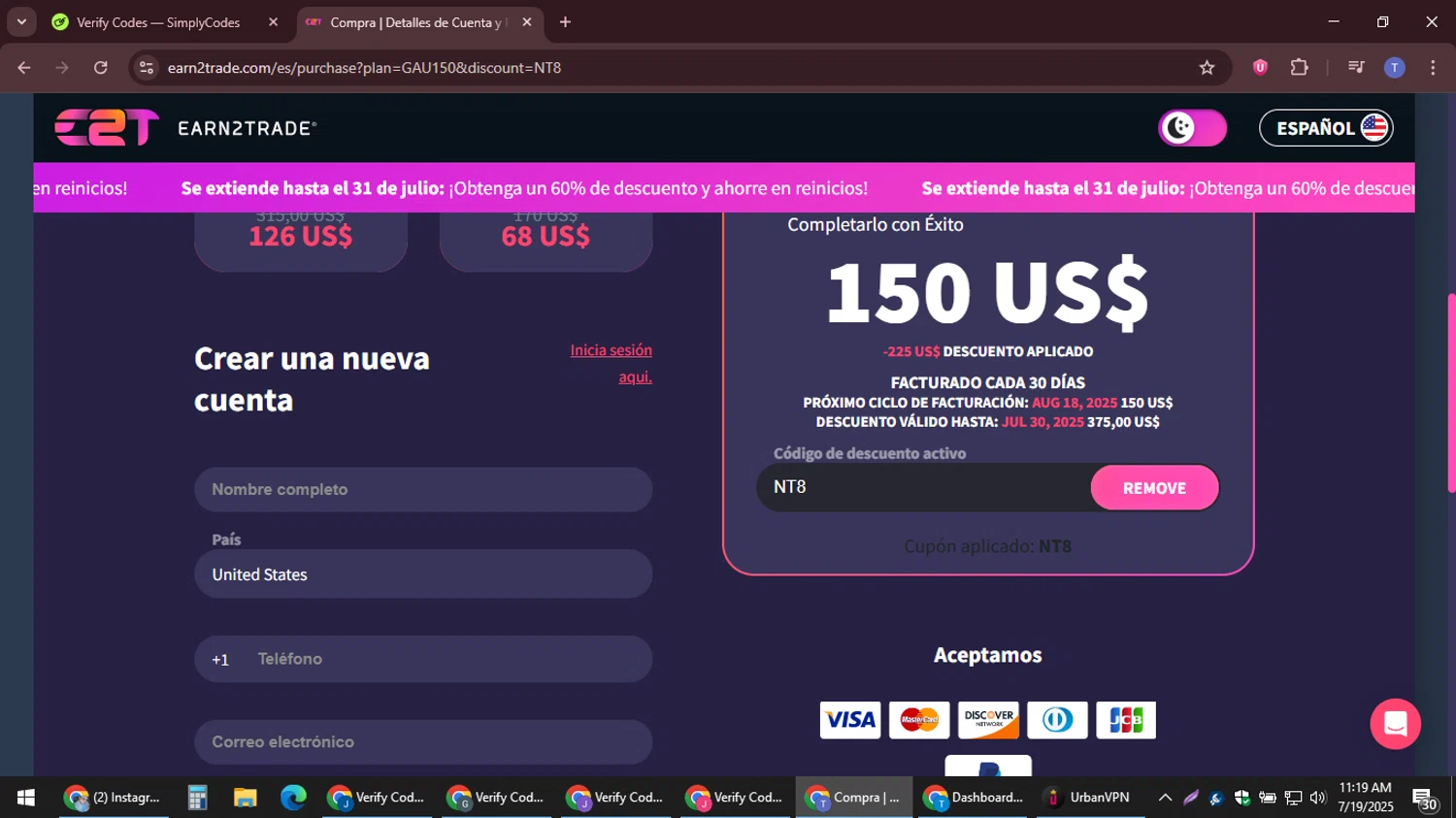 Earn2Trade discount code screenshot showing code NT8 applied at Earn2Trade checkout page. Uploaded by SimplyCodes community member snidertom8 on Jul 19, 2025