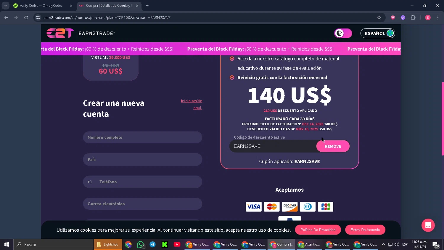 Earn2Trade discount code screenshot showing code EARN2SAVE applied at Earn2Trade checkout page. Uploaded by SimplyCodes community member CouponGuardian8137 on Nov 14, 2025