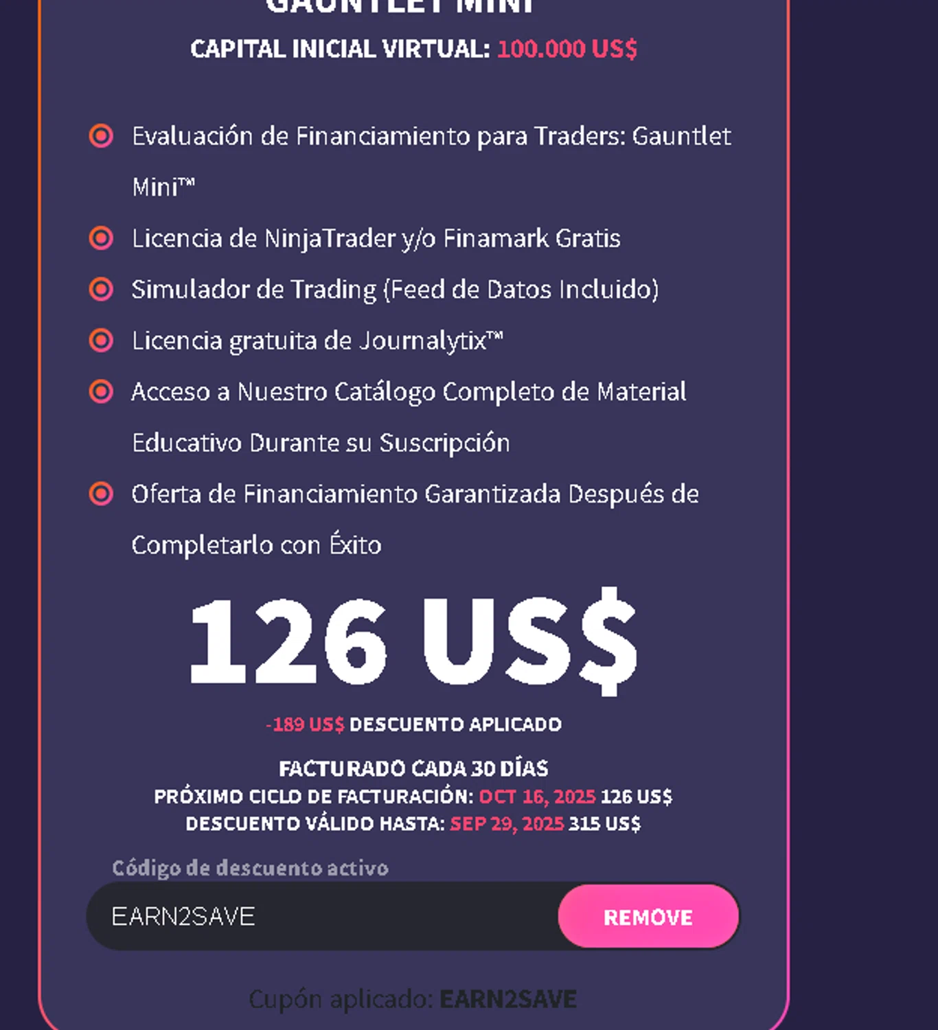 Earn2Trade discount code screenshot showing code EARN2SAVE applied at Earn2Trade checkout page. Uploaded by SimplyCodes community member Netheryno on Sep 16, 2025