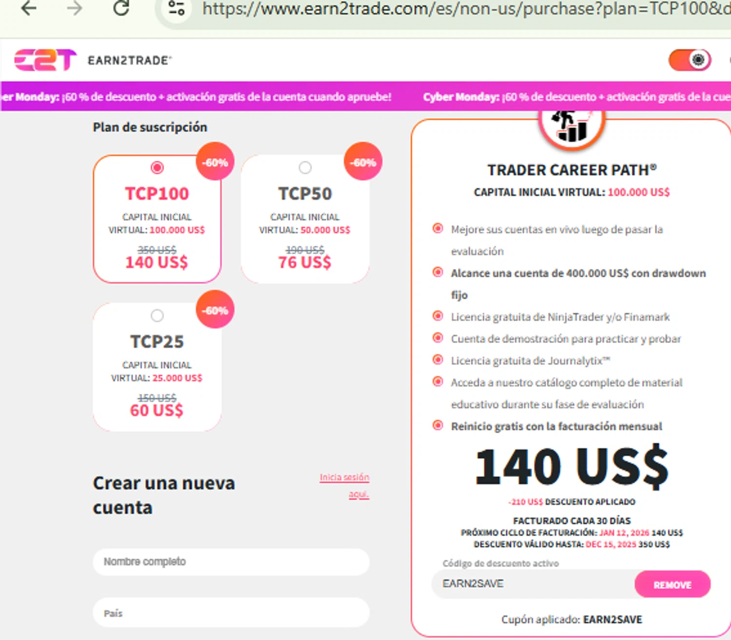 Earn2Trade discount code screenshot showing code EARN2SAVE applied at Earn2Trade checkout page. Uploaded by SimplyCodes community member RewardFinder4836 on Dec 13, 2025