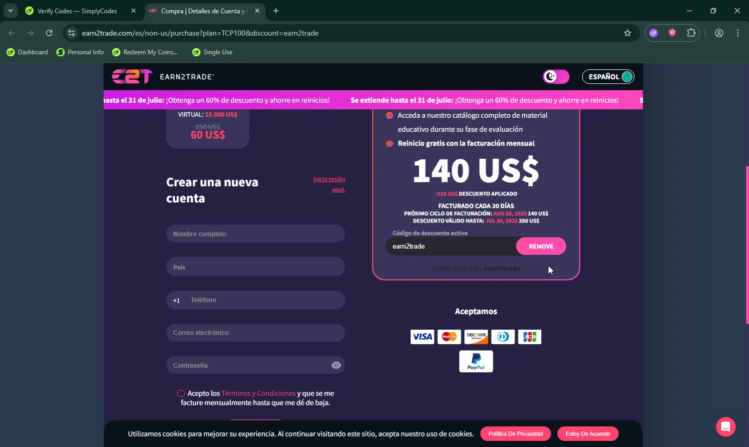 Earn2Trade discount code screenshot showing code earn2trade applied at Earn2Trade checkout page. Uploaded by SimplyCodes community member LHaunter on Jul 21, 2025